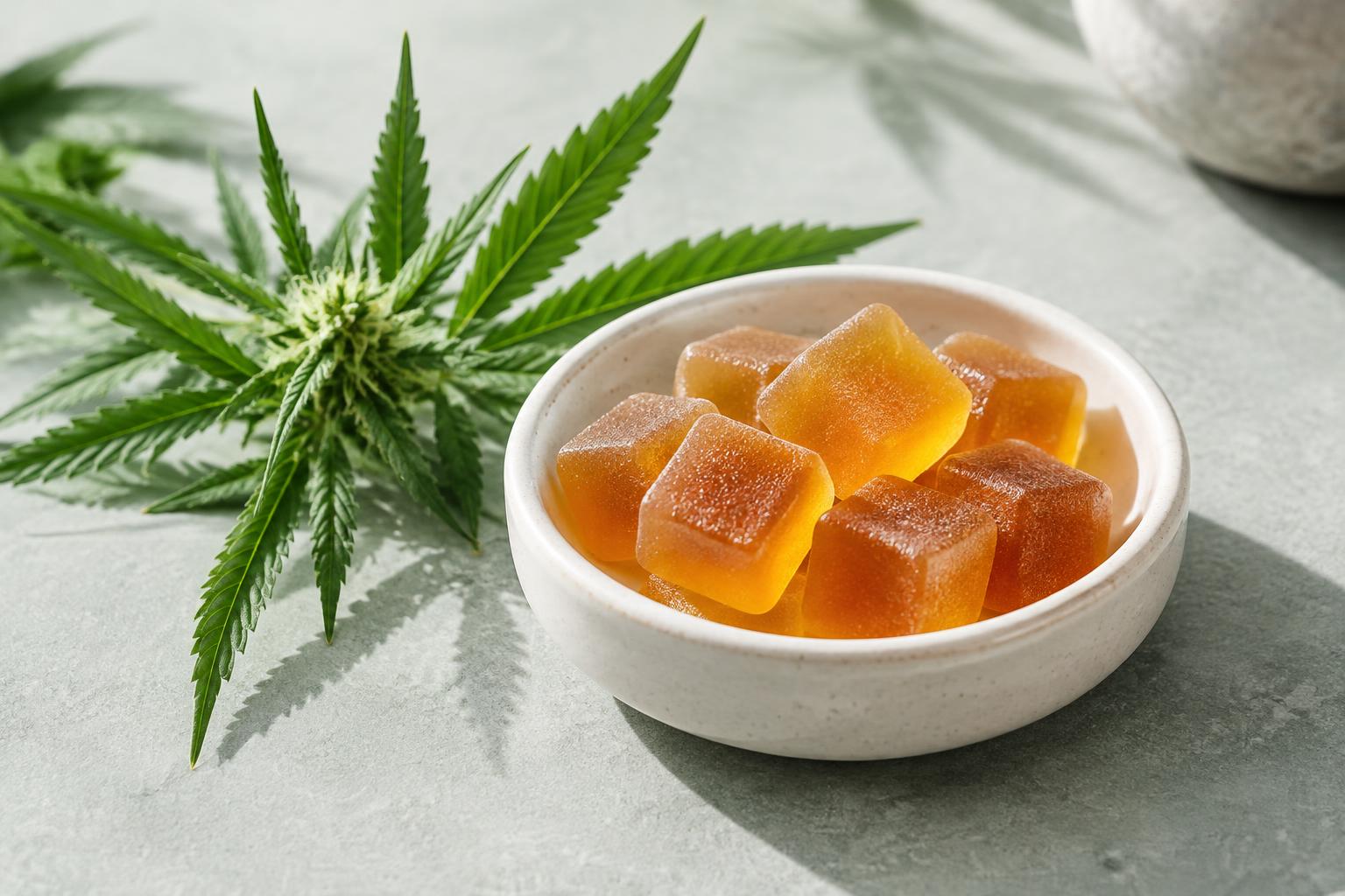 Illustrative amber gummies in a ceramic bowl beside a hemp sprig